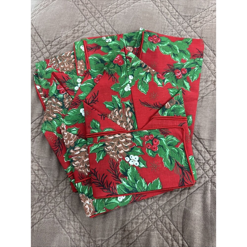 Set Of 6 Christmas Holly Pine One Napkins Red Green Holiday Unbranded